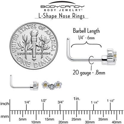 20G 7mm Yellow CZ Gem Flower Honeycomb L Shape Nose Ring