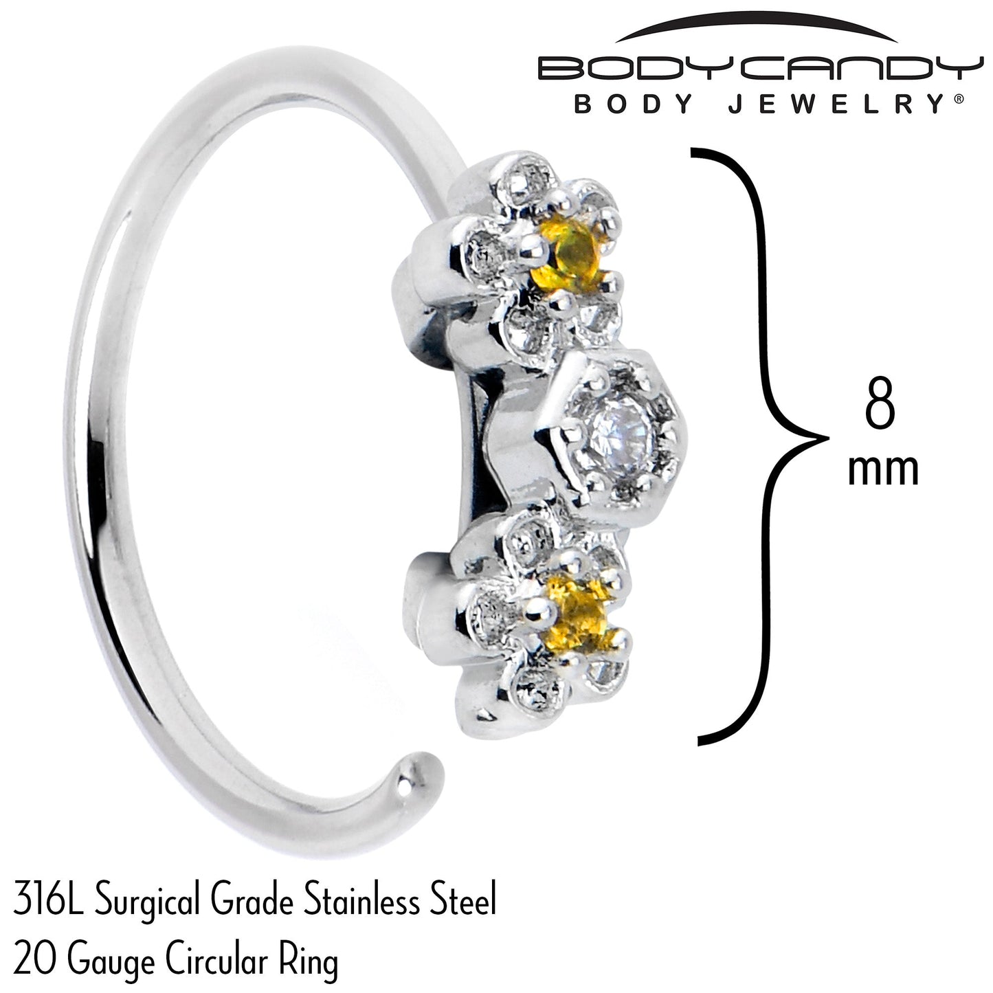 20G 5/16 Yellow CZ Gem Flower Honeycomb Nose Hoop