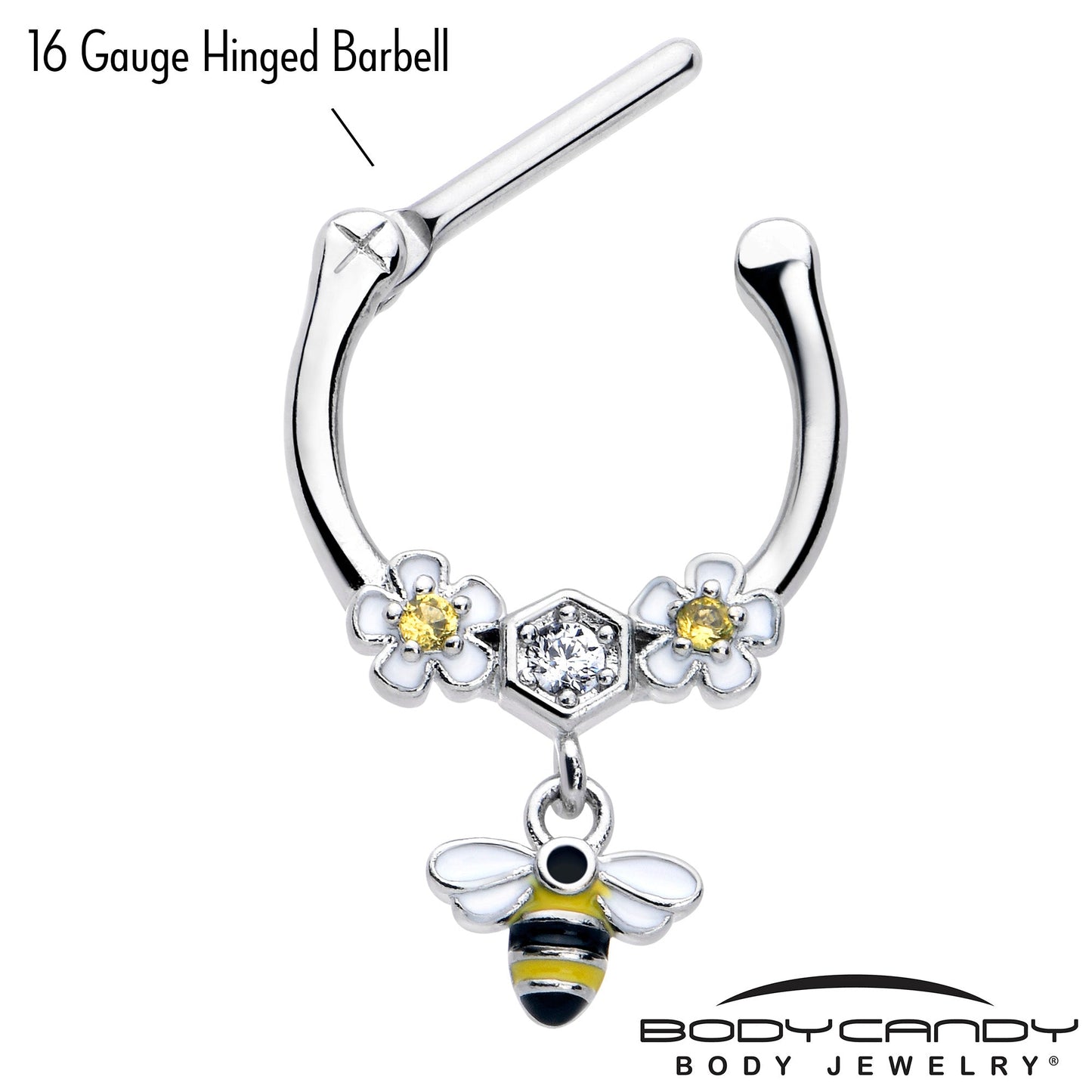 16G 5/16 Yellow CZ Gem Flower Bee Dangle Cartilage Clicker