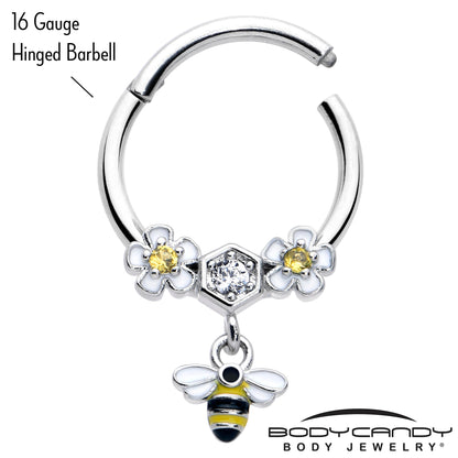 16G 3/8 Yellow CZ Gem Flower Bee Dangle Hinged Segment Ring