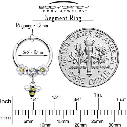 16G 3/8 Yellow CZ Gem Flower Bee Dangle Hinged Segment Ring