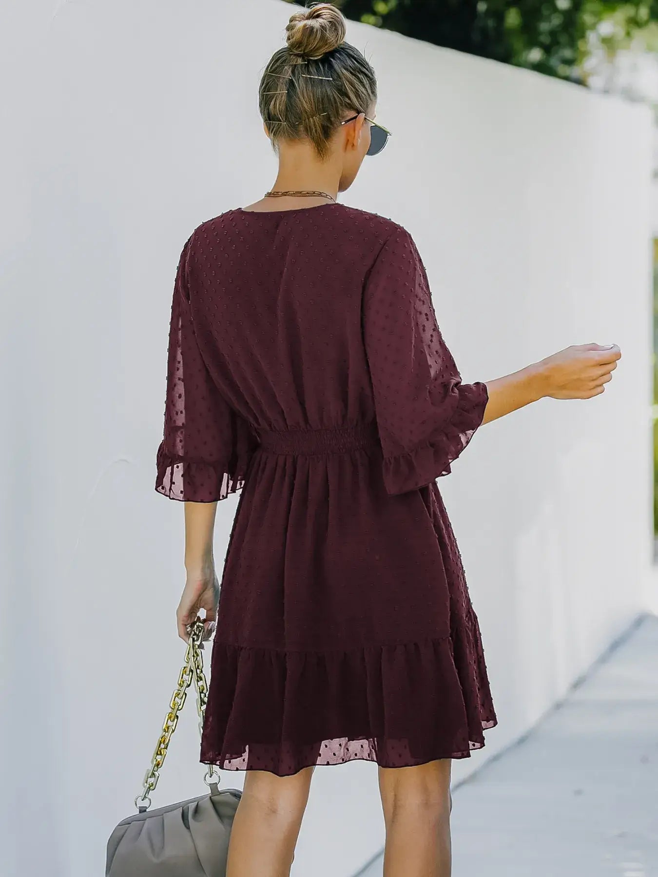 Swiss Dot Dress with Flare Sleeves - Mini Wrap Style