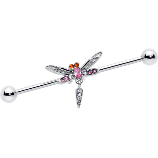 14G Pink Orange Gem Swank Dragonfly Dangle Industrial Barbell 38mm