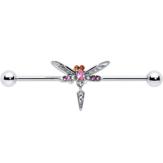 14G Pink Orange Gem Swank Dragonfly Dangle Industrial Barbell 38mm