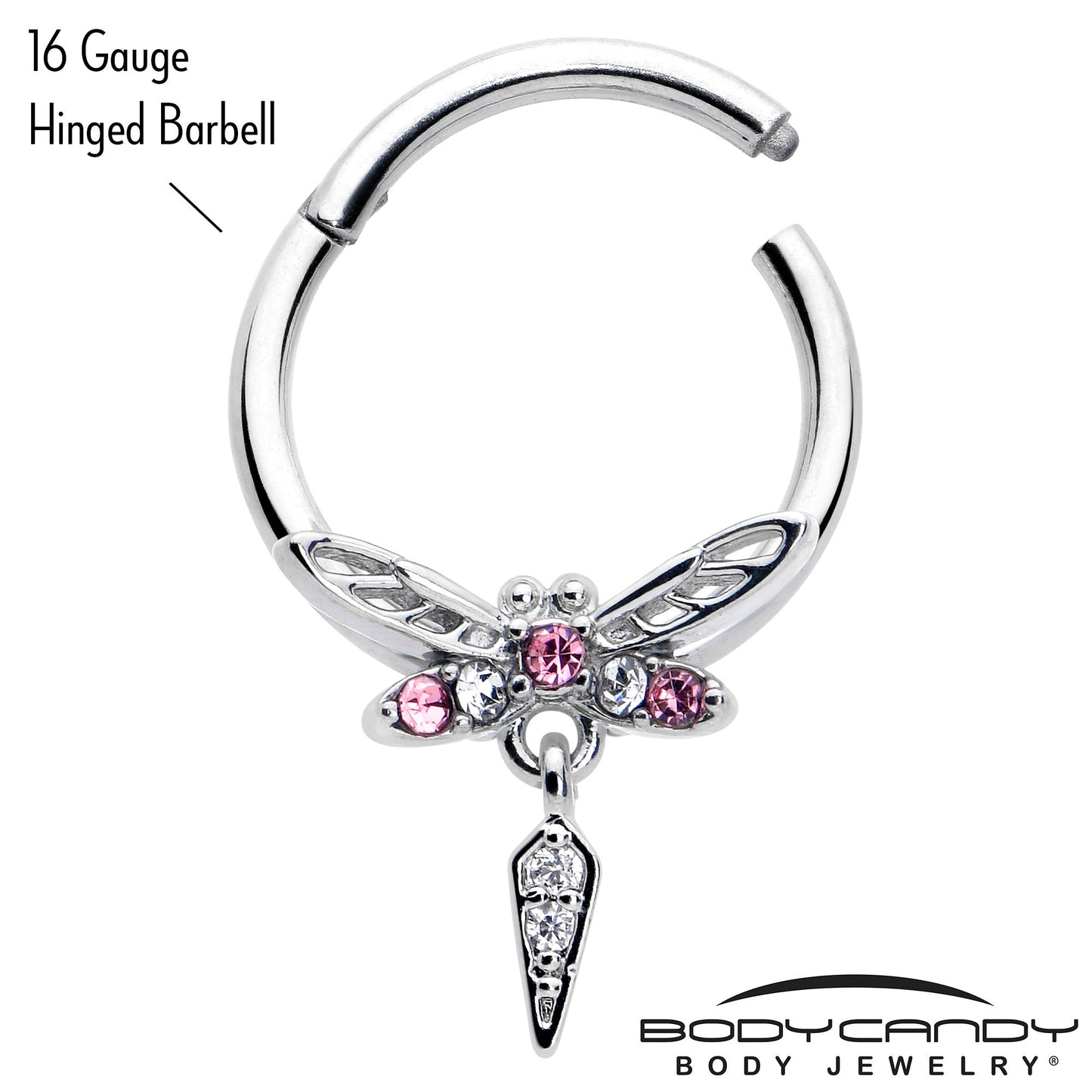 16G 3/8 Pink Gem Swank Dragonfly Dangle Hinged Segment Ring