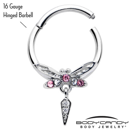 16G 3/8 Pink Gem Swank Dragonfly Dangle Hinged Segment Ring