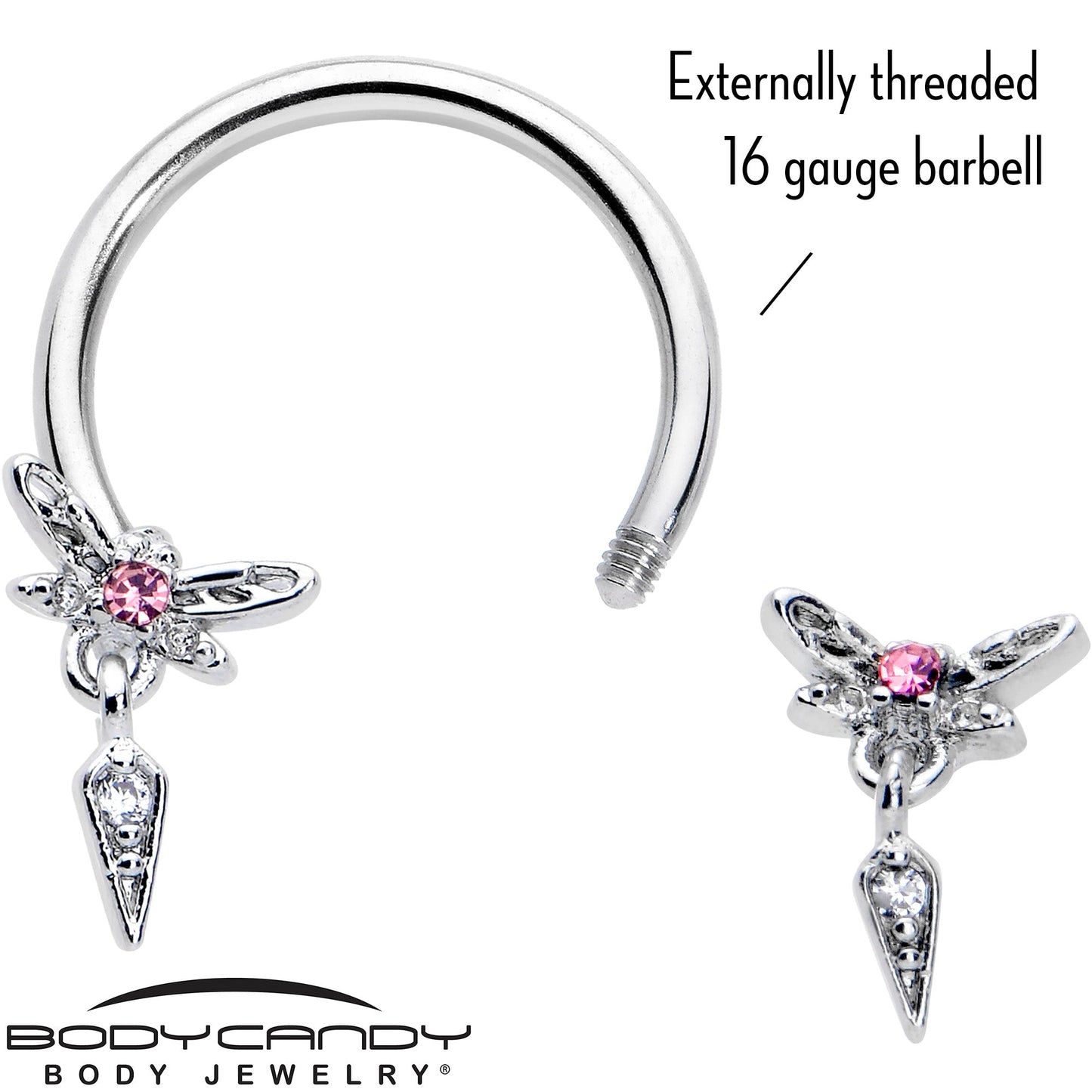 16G 3/8 Pink Gem Swank Dragonfly Dangle Horseshoe Circular Barbell