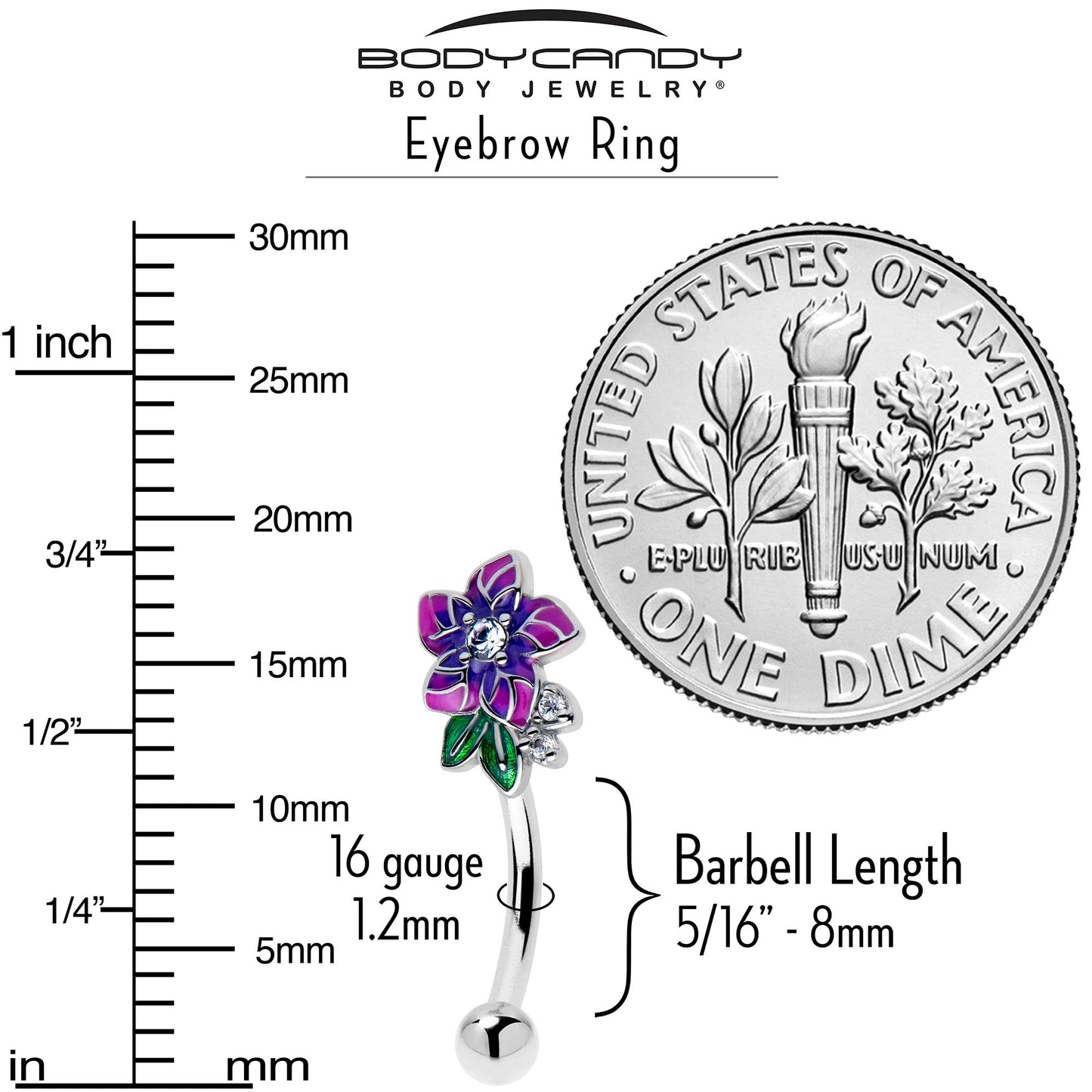 16G 5/16 Clear CZ Gem Flower Purple Curved Eyebrow Ring