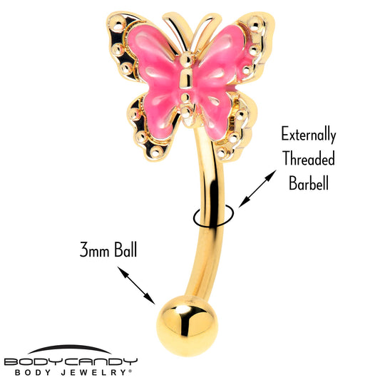 16G 5/16 Gold Tone Butterfly Pink Splash Curved Eyebrow Ring