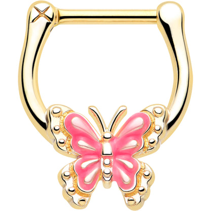 16G 5/16 Gold Tone Butterfly Pink Splash Cartilage Clicker