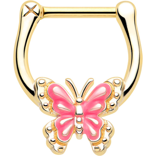 16G 5/16 Gold Tone Butterfly Pink Splash Cartilage Clicker