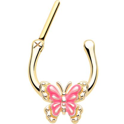 16G 5/16 Gold Tone Butterfly Pink Splash Cartilage Clicker