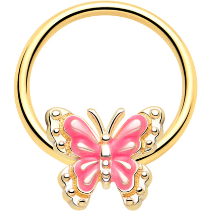 16G 3/8 Gold Tone Butterfly Pink Splash BCR Captive Charm Ring
