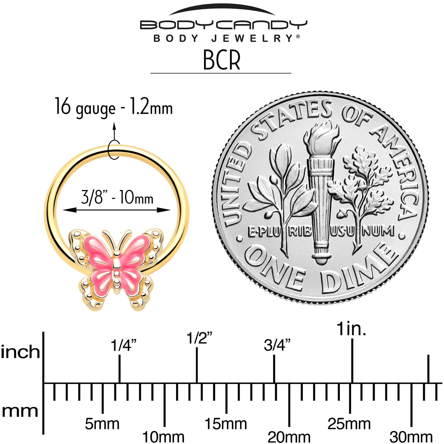 16G 3/8 Gold Tone Butterfly Pink Splash BCR Captive Charm Ring