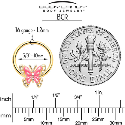 16G 3/8 Gold Tone Butterfly Pink Splash BCR Captive Charm Ring