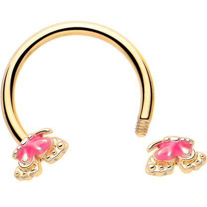 16G 3/8 Gold Tone Butterfly Pink Splash Horseshoe Circular Barbell