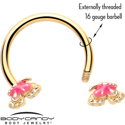 16G 3/8 Gold Tone Butterfly Pink Splash Horseshoe Circular Barbell