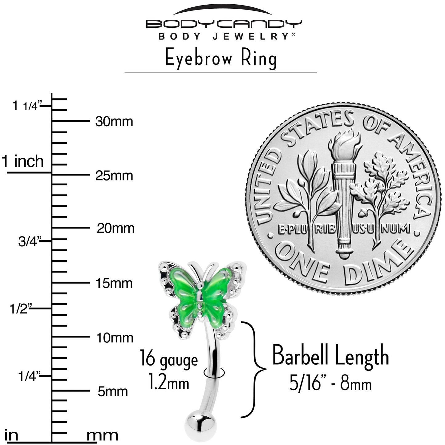 16G 5/16 Butterfly Green Splash Curved Eyebrow Ring