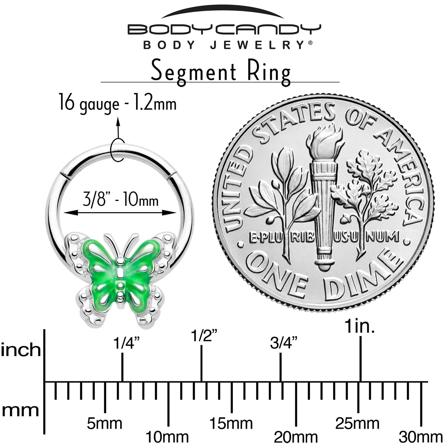 16G 3/8 Butterfly Green Splash Hinged Segment Ring