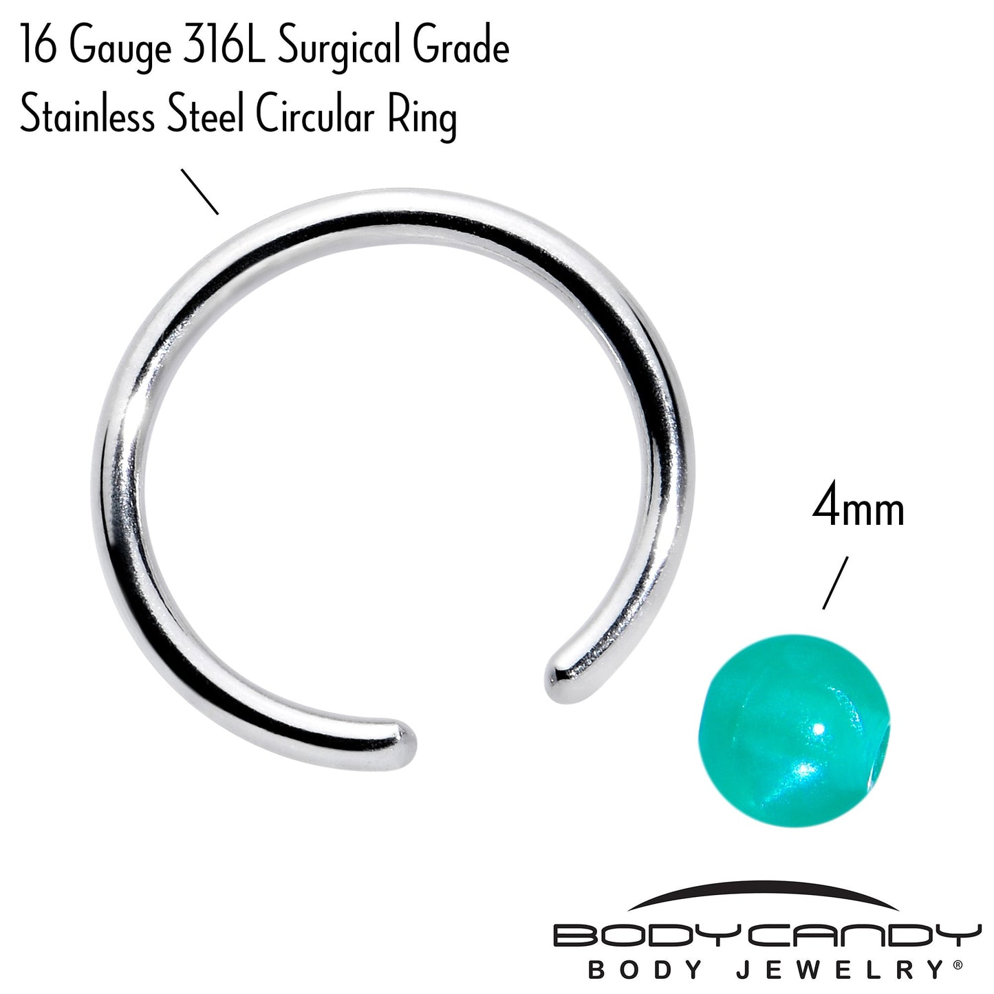 16G 3/8 Simple Opaque Teal Green Ball BCR Captive Bead Ring