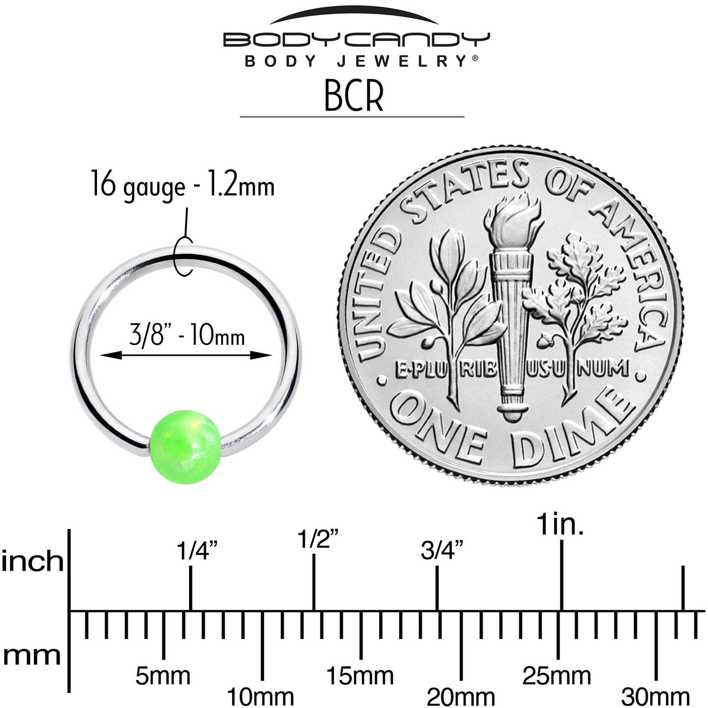 16G 3/8 Simple Opaque Bright Green Ball BCR Captive Bead Ring