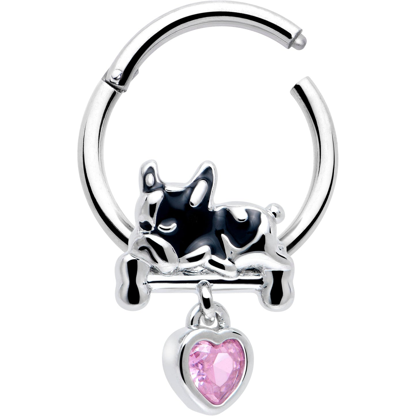 16G 3/8 Pink CZ Gem Sleepy French Bulldog Dangle Hinged Segment Ring