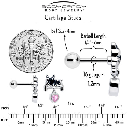 16G 1/4 Pink CZ Gem Sleepy French Bulldog Dangle Cartilage Earring