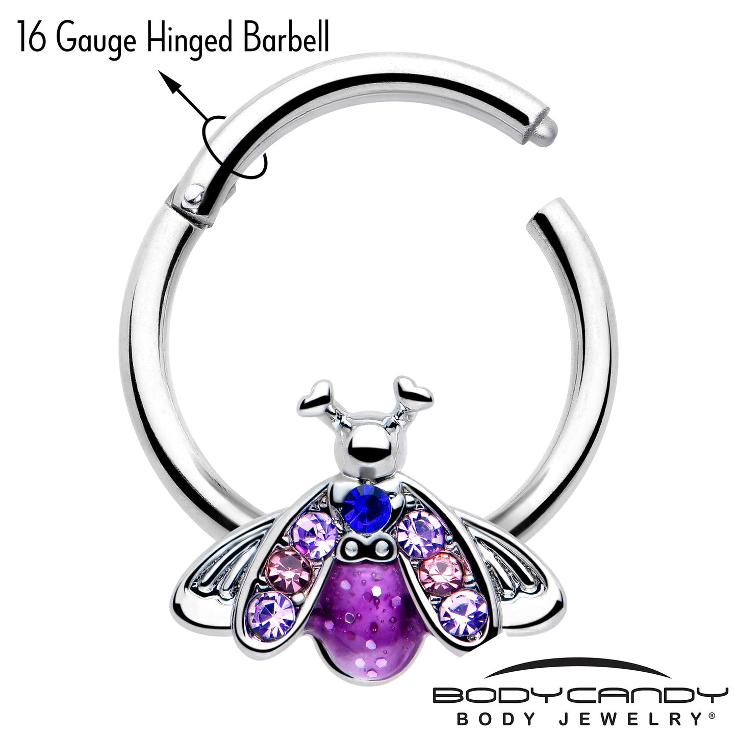 16G 3/8 Pink Blue Gem Beautiful Insect Hinged Segment Ring