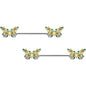 14G 9/16 Yellow CZ Gem Blooming Butterfly Barbell Nipple Ring Set