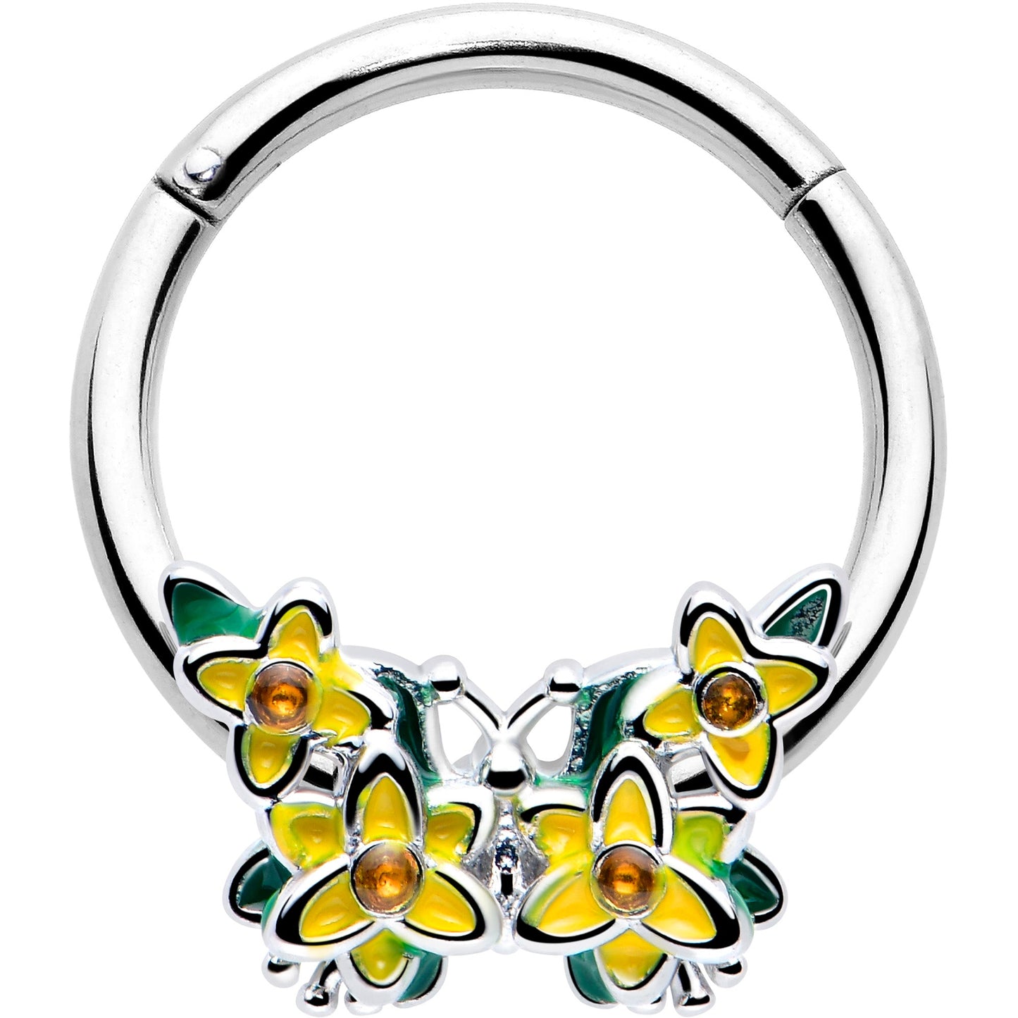 16G 3/8 Yellow CZ Gem Blooming Butterfly Hinged Segment Ring