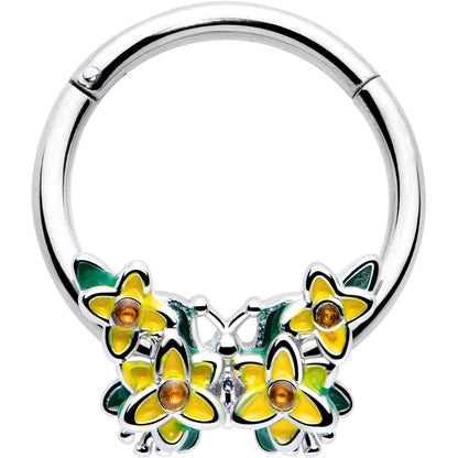 16G 3/8 Yellow CZ Gem Blooming Butterfly Hinged Segment Ring