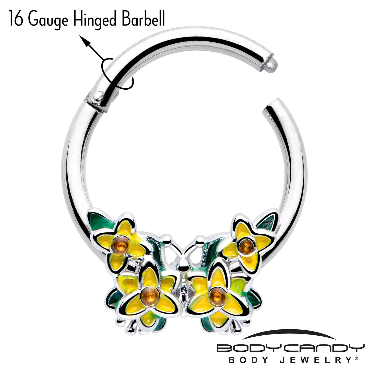 16G 3/8 Yellow CZ Gem Blooming Butterfly Hinged Segment Ring