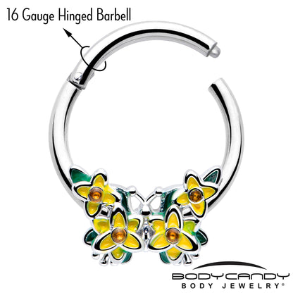 16G 3/8 Yellow CZ Gem Blooming Butterfly Hinged Segment Ring