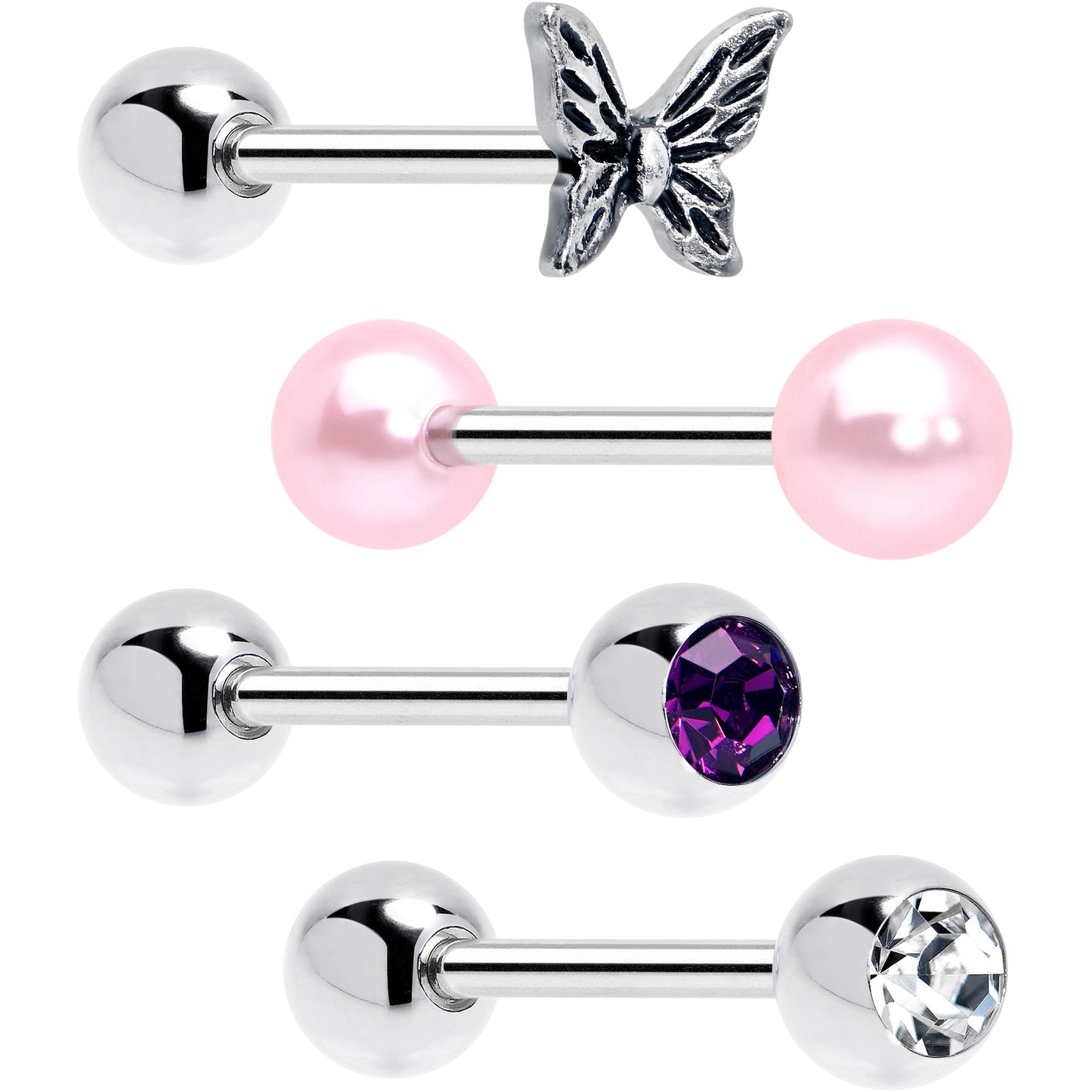 Purple Clear CZ Gem Butterfly Pink Barbell Tongue Ring Set of 4