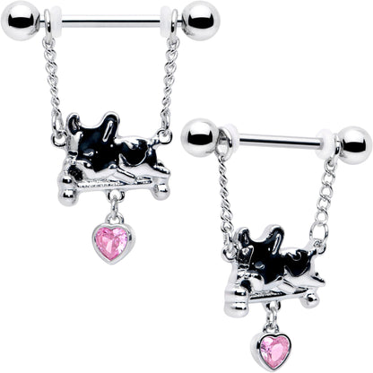 14G 9/16 Pink Gem Sleepy French Bulldog Chain Dangle Nipple Ring Set