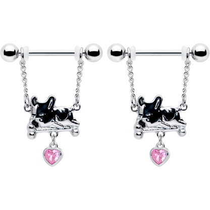 14G 9/16 Pink Gem Sleepy French Bulldog Chain Dangle Nipple Ring Set