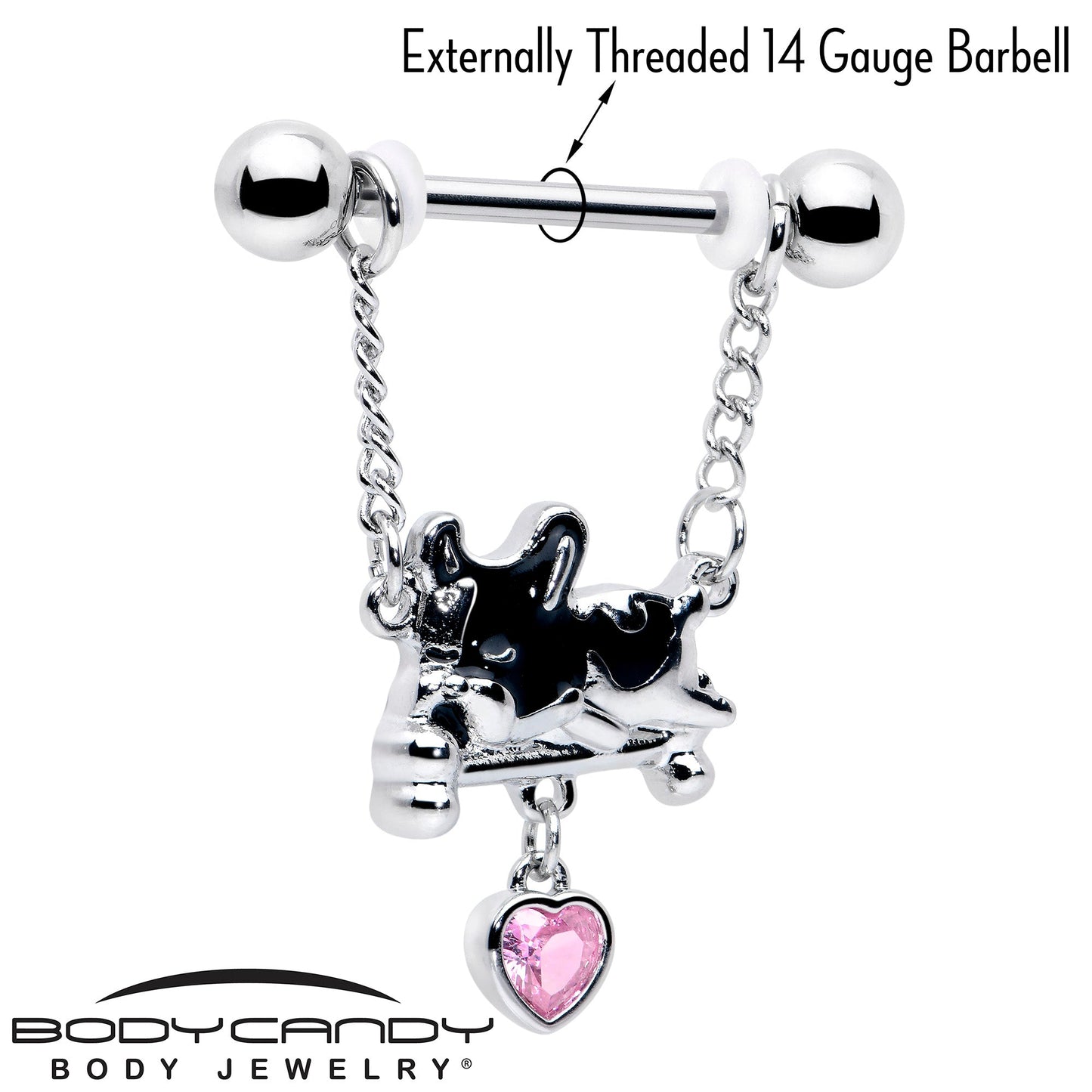 14G 9/16 Pink Gem Sleepy French Bulldog Chain Dangle Nipple Ring Set