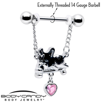 14G 9/16 Pink Gem Sleepy French Bulldog Chain Dangle Nipple Ring Set