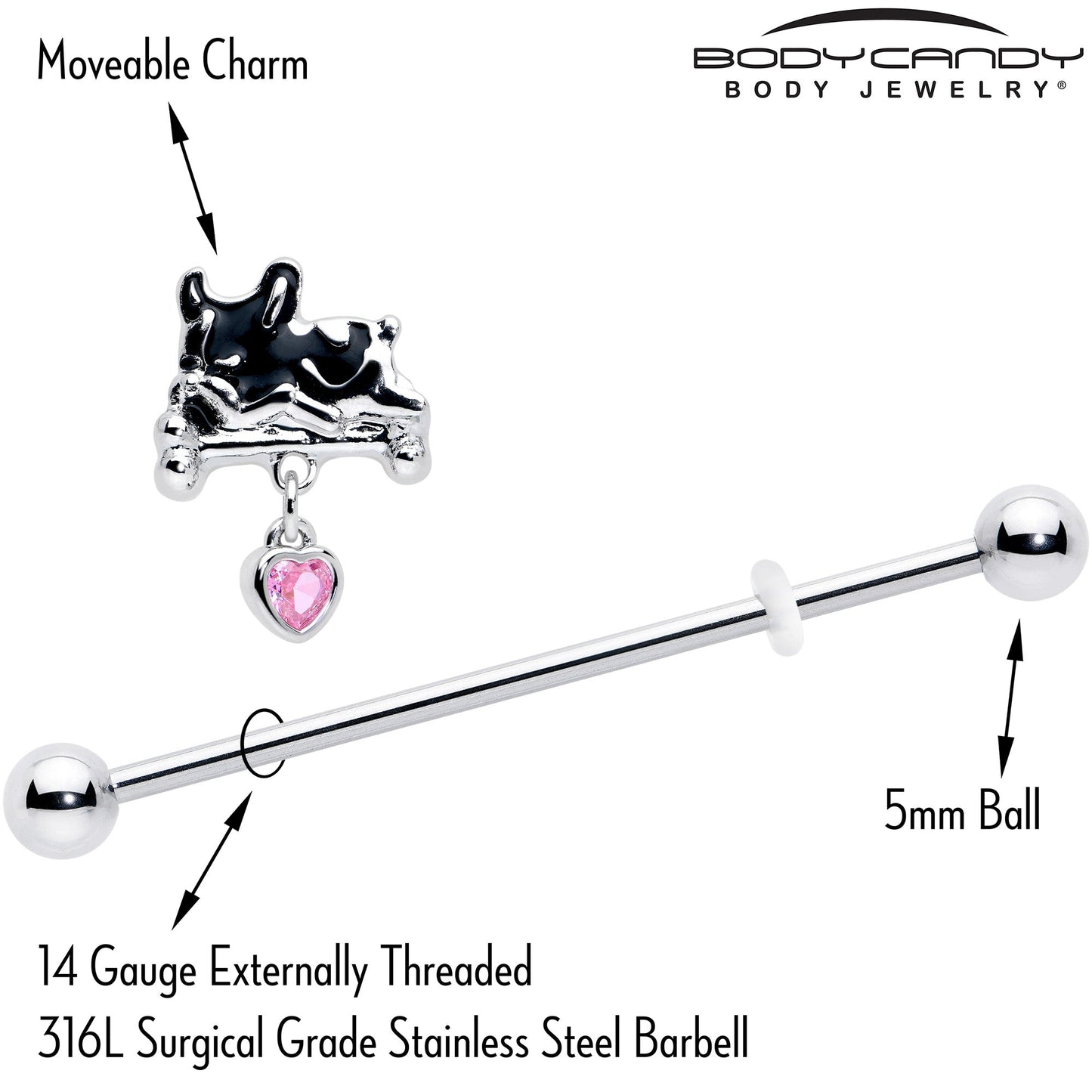 14G Pink Gem Sleepy French Bulldog Dangle Industrial Barbell 38mm