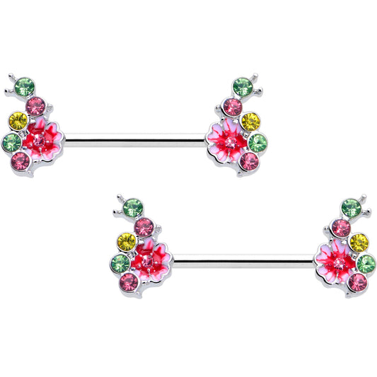 14G 9/16 Green Pink Gem Caterpillar Flower Barbell Nipple Ring Set