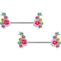 14G 9/16 Green Pink Gem Caterpillar Flower Barbell Nipple Ring Set