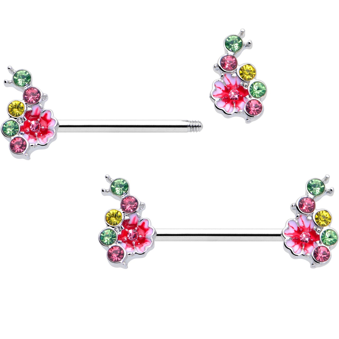 14G 9/16 Green Pink Gem Caterpillar Flower Barbell Nipple Ring Set