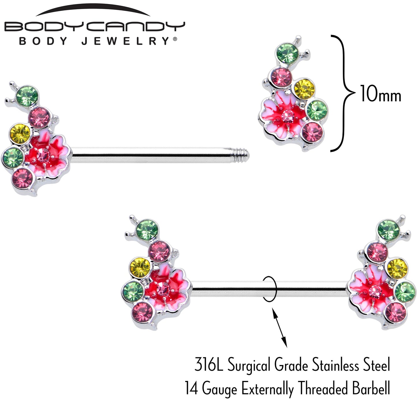 14G 9/16 Green Pink Gem Caterpillar Flower Barbell Nipple Ring Set