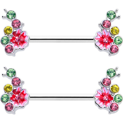 14G 9/16 Green Pink Gem Caterpillar Flower Barbell Nipple Ring Set