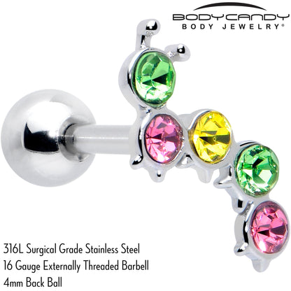 16G 1/4 Pink Green Gem Caterpillar Cartilage Tragus Earring