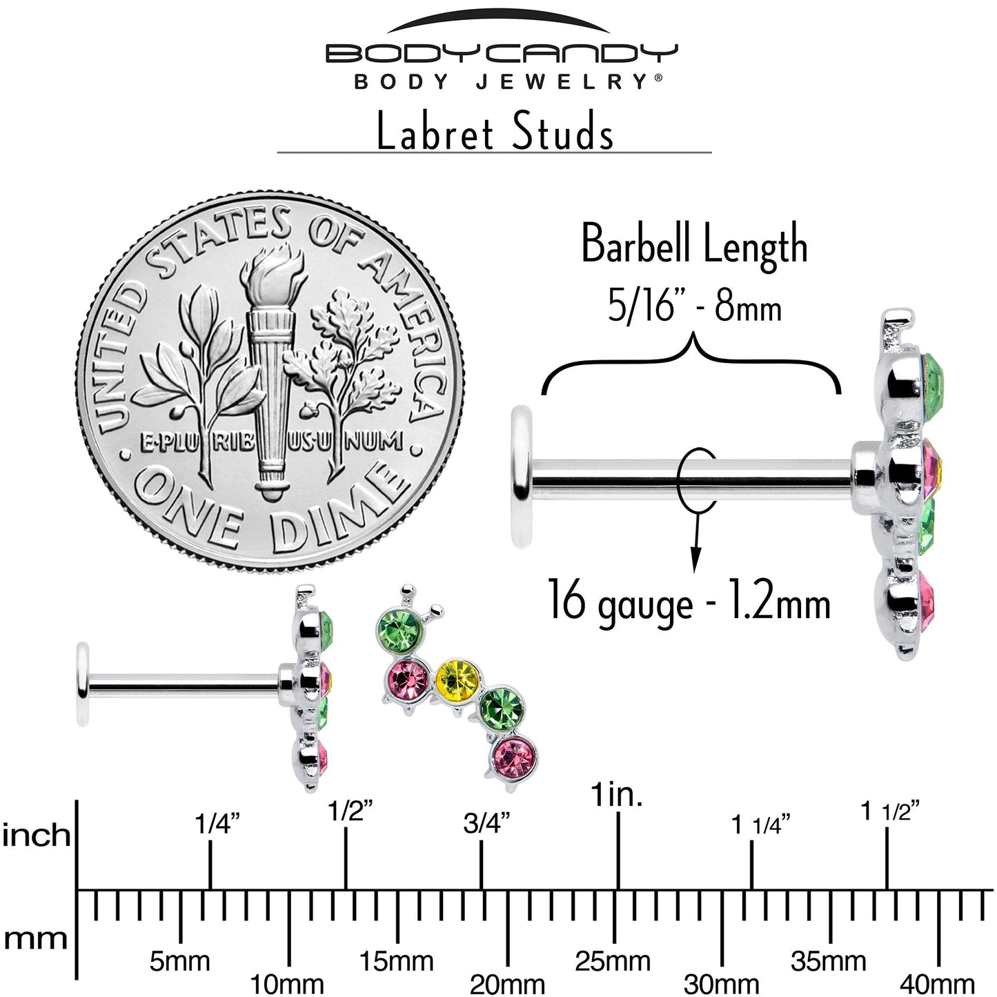 16G 5/16 Green Pink Gem Caterpillar Labret Monroe Tragus