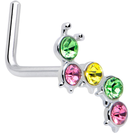20G 7mm Pink Green CZ Gem Caterpillar L Shape Nose Ring