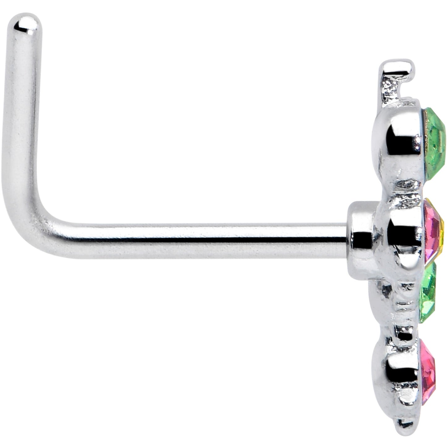 20G 7mm Pink Green CZ Gem Caterpillar L Shape Nose Ring