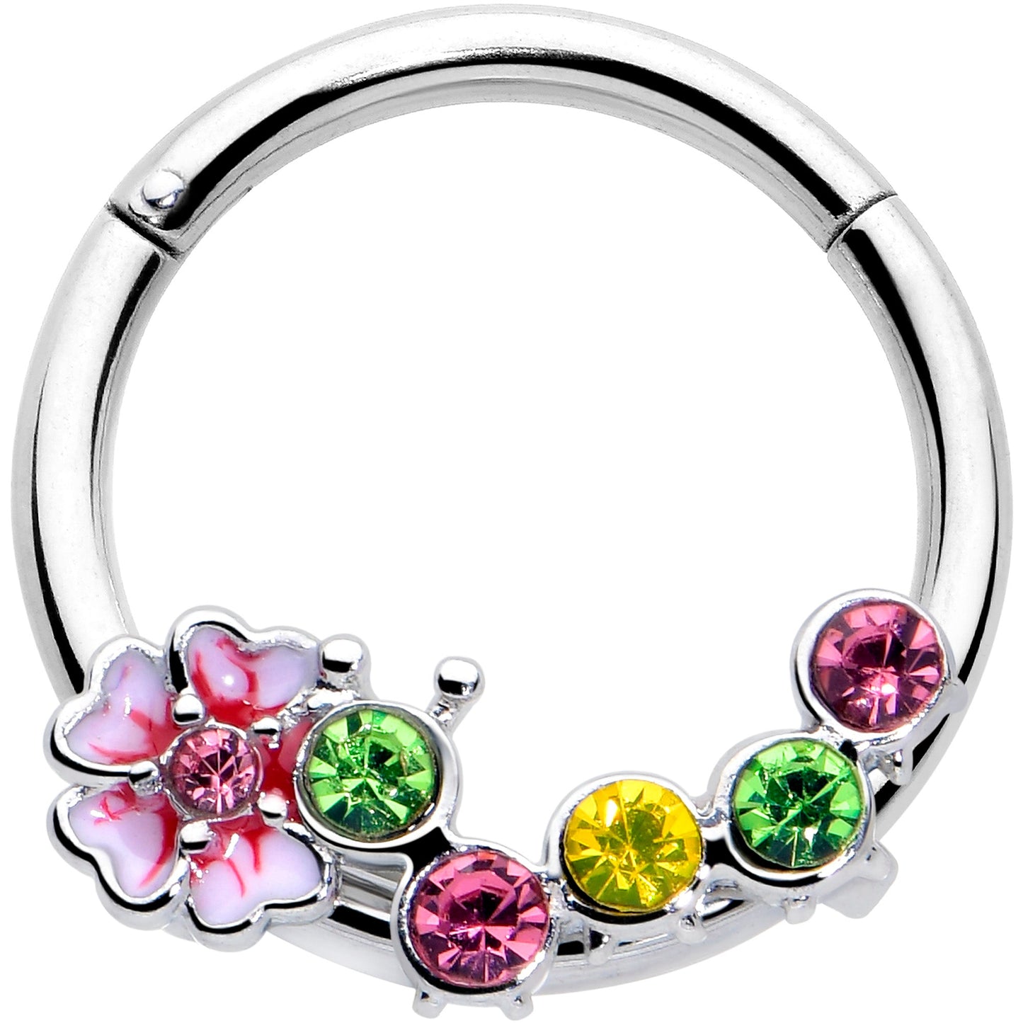 16G 3/8 Green Pink CZ Gem Caterpillar Flower Hinged Segment Ring