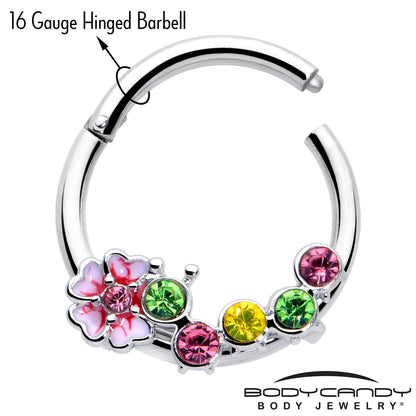 16G 3/8 Green Pink CZ Gem Caterpillar Flower Hinged Segment Ring